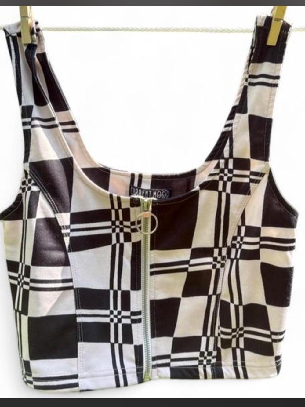 Checked Zip-Front Crop Tank Top - Black & White